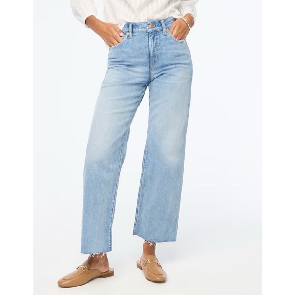 J.Crew Factory Wide Leg Crop Jean All-Day Stretch Raw Hem Size 32 Spring Storm